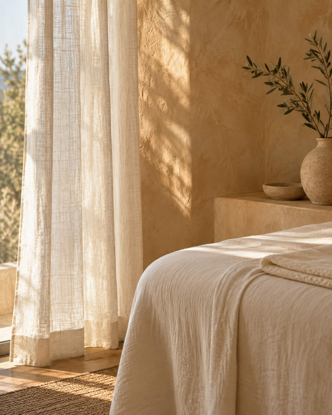 Warm sunlight falling across soft linen and a quiet, golden-toned interior